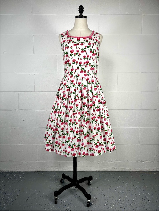 Vintage Dresses & Skirts - Vintage 90s Pink Rose Floral Fit Flare Day Dress Cotton Ruffle Trim Tradwife 14